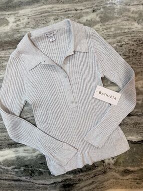 NWT Athleta Sweet Bay Henley Sweater Heather Gray Ribbed Polo Knit Top